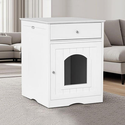 Large Wood House for Cats Litter Box Enclosure Furniture Hidde Out Box with Cabinet Drawer Indoor Pet House Side Table Wooden Crate (White)5