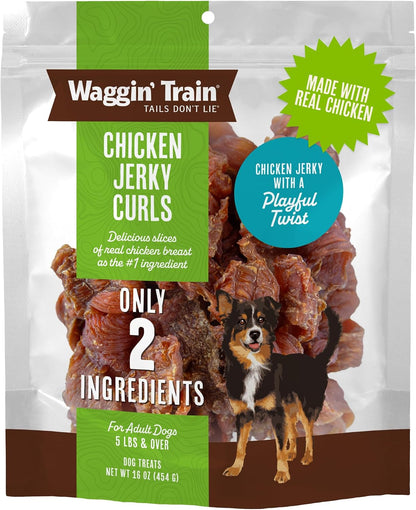 Waggin' Train Chicken Jerky Curls Dog Treats, Made with 100% Real Chicken Breasts, Only Two All-Natural Ingredients, Great High Protein Dog Treat, Easily Digestible for Big or Small Dogs, 16 Oz. Pouch1
