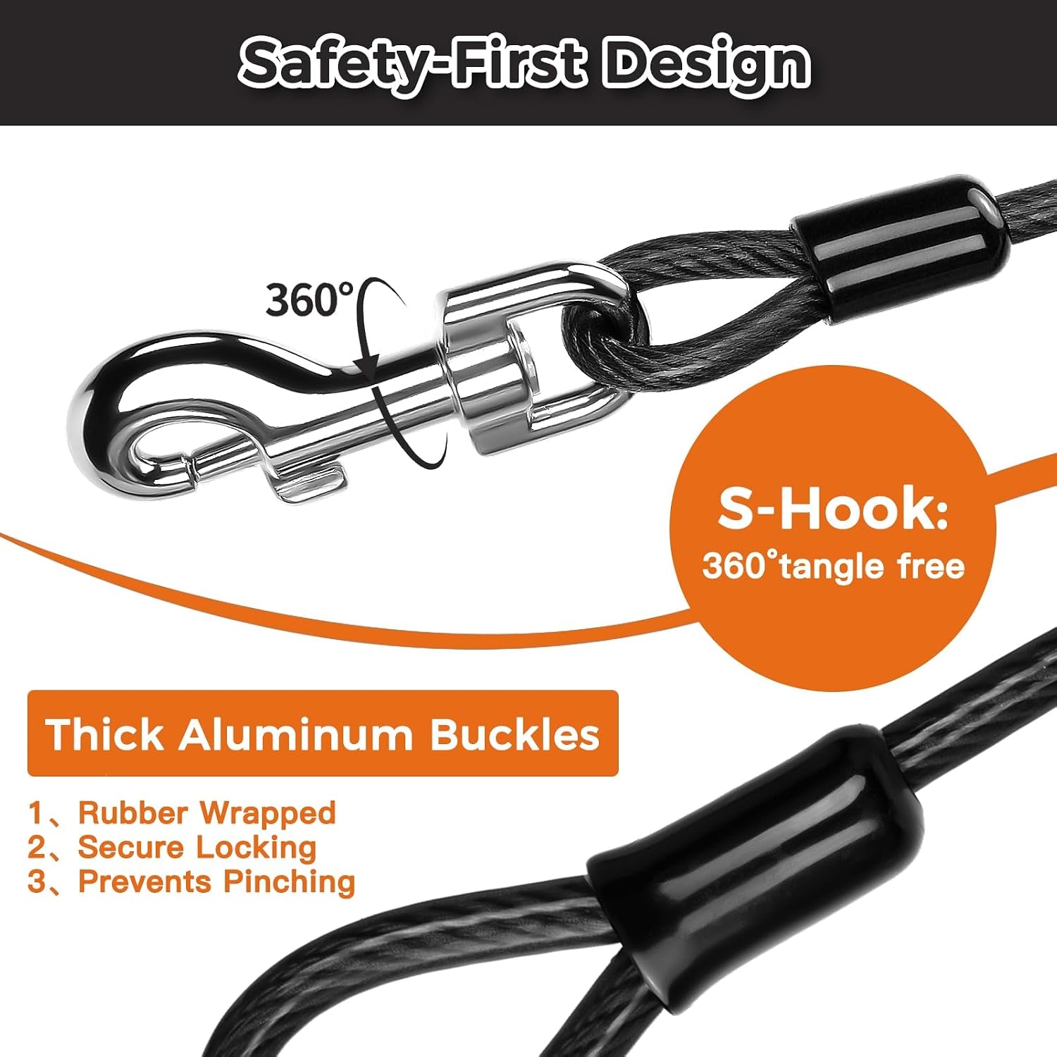 chew-proof-dog-leash-extender-2ft-5mm-metal-lead-extension-360-tangle-free-for-walking-training-puppies-fits-small-medium-large-dogs-collar-harness-compatible-black-orange-blue