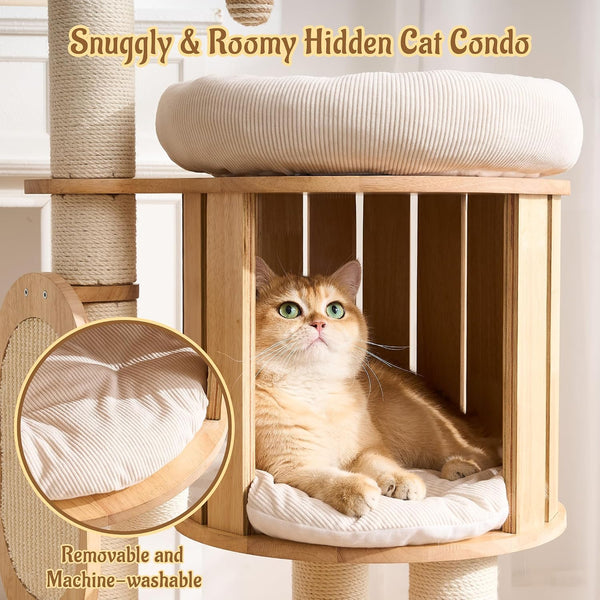50" Modern Cat Tree for Indoor Cats Small to Medium, Solid Wood Cat Tower with Sisal Scratching Posts, Cat Scratcher Cardboard, Cozy Cat Beds & Hidden Cat Condo, Multi-Level Cat Furniture4