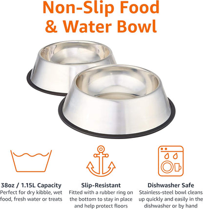 Amazon Basics Stainless Steel Non-Skid Dog Water and Food Bowls, Dishwasher Safe, Rust Resistant, 38Oz Capacity, 10 X 2.8 Inches, 2-Pack3
