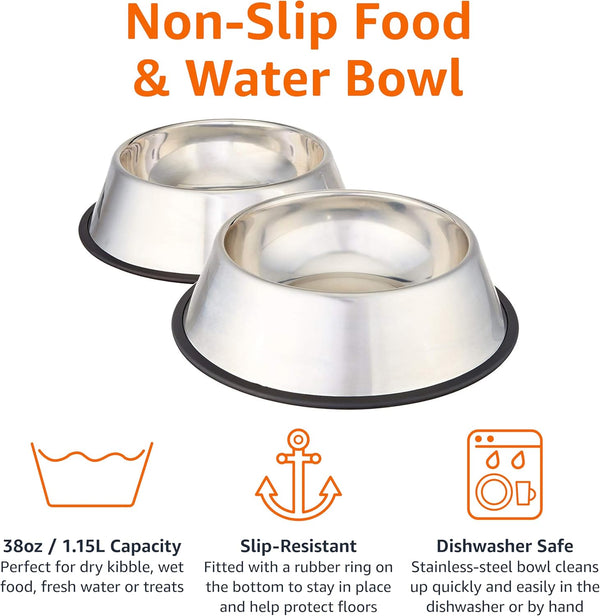 Amazon Basics Stainless Steel Non-Skid Dog Water and Food Bowls, Dishwasher Safe, Rust Resistant, 38Oz Capacity, 10 X 2.8 Inches, 2-Pack3