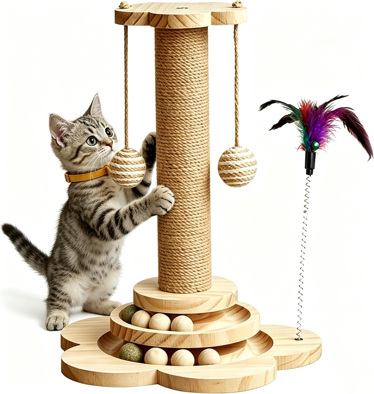 cat-scratching-post-for-kittens-4-in-1-wooden-cat-scratcher-toy-17-7-tall-scratch-post-with-2-level-cat-track-balls-interactive-feather-toy-and-2-sisal-hanging-balls-for-indoor-kittens