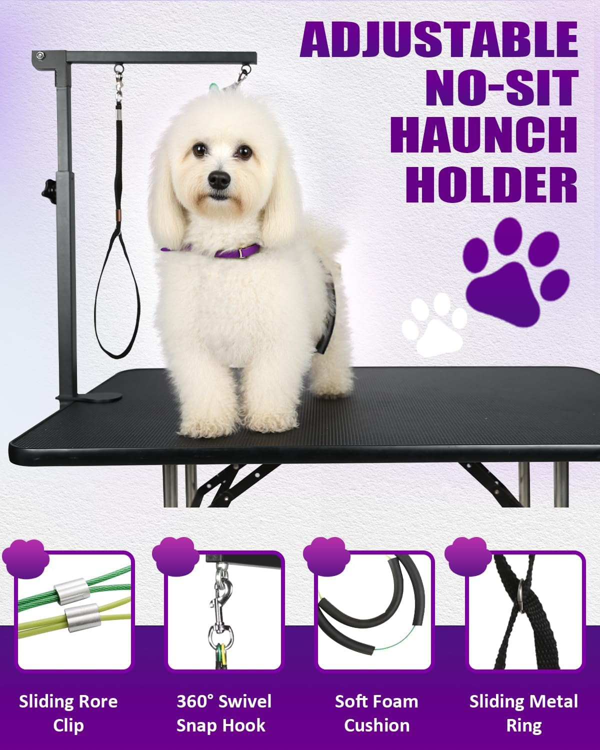 adjustable-dog-grooming-arm-with-clamp-dog-grooming-hammock-and-loop-noose-metal-dog-grooming-table-arm-adjustable-height-17-35-no-sit-haunch-holder-grooming-restraint-for-small-medium-dogs