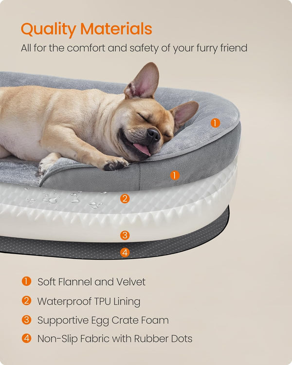 Feandrea Dog Bed, Medium Orthopaedic Dog Sofa Bed, 30 X 20 X 7 Inches, Egg Crate Foam, Waterproof Liner, Raised Edges, Removable and Machine Washable Cover, Non-Slip, Light Gray UPGW281G015