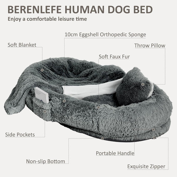 71" Human Dog Bed for Adult, Giant Orthopedic Memory Foam Dog Sofa Bed, Large Oversize Washable Faux Fur Pet Couch with Plump Pillow, Blanket, Strap - Dark Grey3