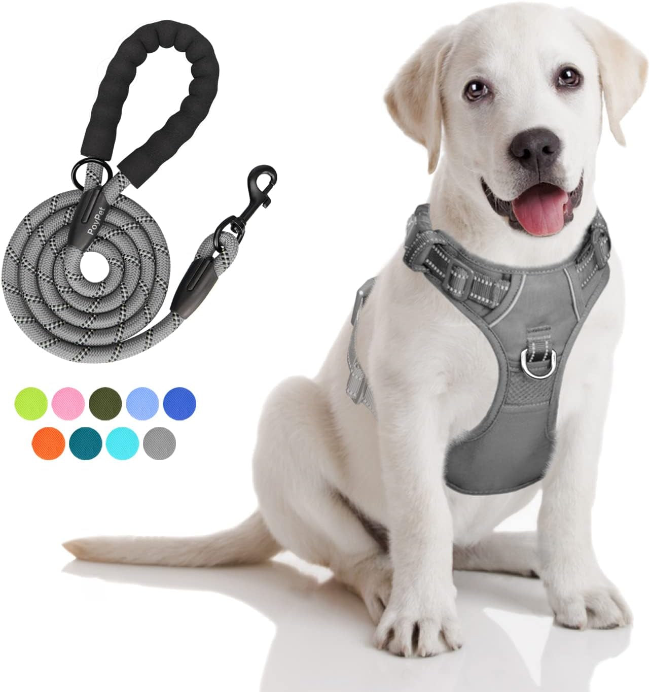 poypet-no-pull-dog-harness-and-5-feet-leash-set-release-on-neck-reflective-adjustable-pet-vest-front-back-2-d-ring-and-soft-padded-pet-harness-with-handle-for-small-to-large-dogsgrey-l