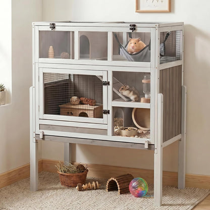 Large Guinea Pig Cages, 3-Story Indoor Guinea Pig Habitats with Stand, Hedgehog Cage Rabbit Hutch with Pull-Out Tray, Flip-Open Roof, Cozy Hammock1