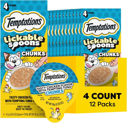 Temptations Lickable Spoons Wet Cat Treats, Chicken with Tuna, 4 Ct, 12Pk | 48 Spoons Total, Mess-Free Creamy Puree, Dual-Flavor per Spoon, Hand-Feed or Use as Food Topper, Real Chicken & Tuna1