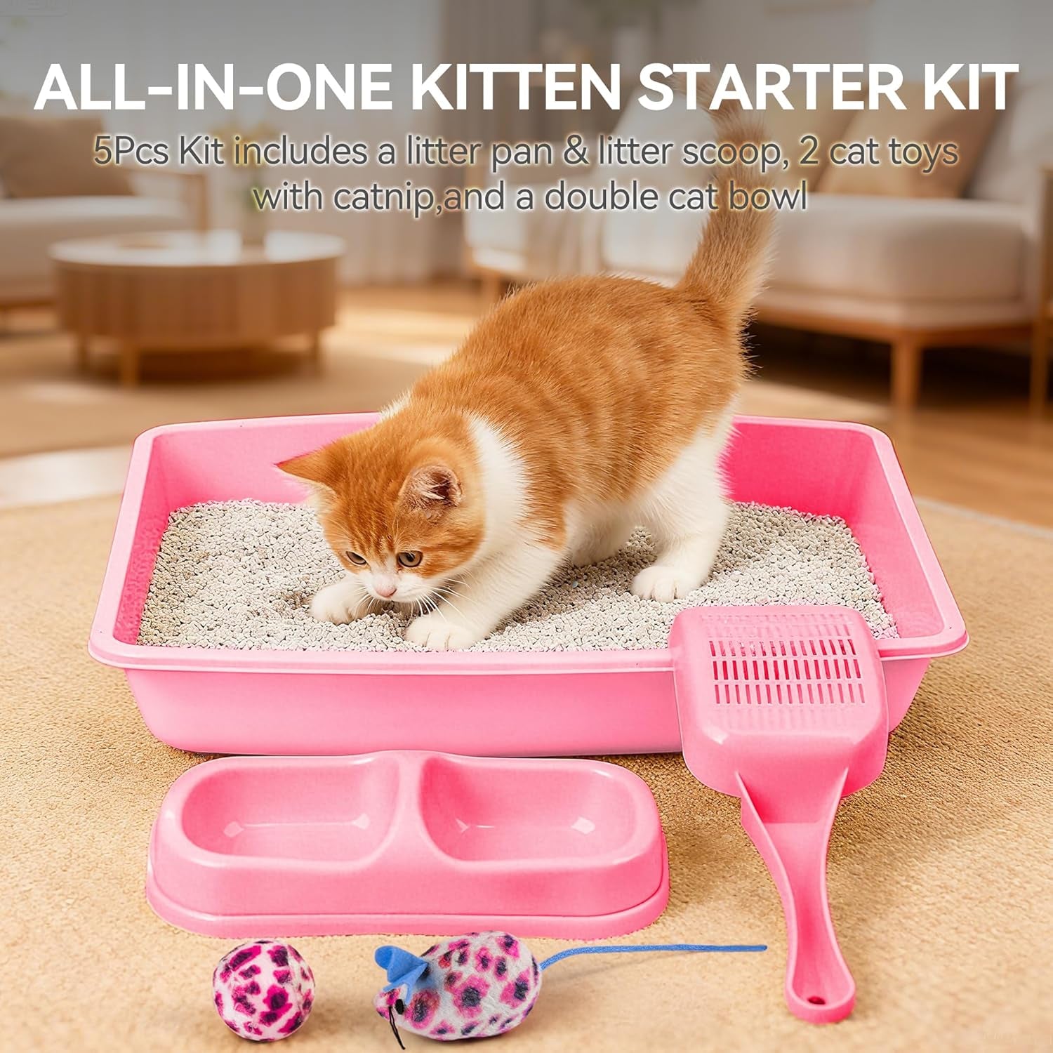 pink-cat-litter-box-set-small-cat-kitten-starter-kit-with-litter-scoop-cat-bowl-kittens-toy-heated-cat-house-indoor-cats-home-with-heated-pad-cat-houses-condos-heater-cat-bed