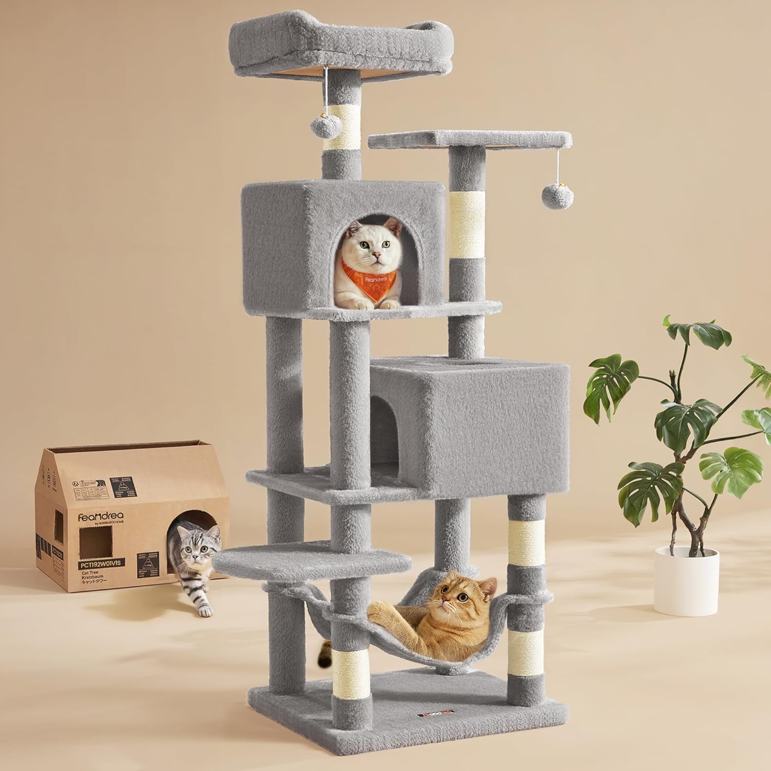 feandrea-cat-tree-59-5-inch-tall-cat-tower-plush-multi-level-condo-with-5-scratching-posts-2-perches-2-caves-hammock-2-pompoms-light-gray-upct192w01