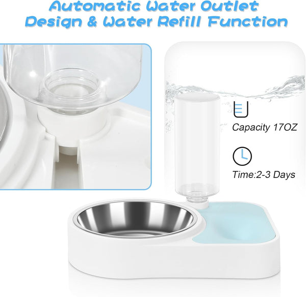 JUST RUN Double Dog Cat Bowls, Dog Cat Food and Water Bowl Set with Automatic Water Dispenser Bottle, Super Big Detachable Stainless Steel Food Bowl for Small Dogs Puppy and Cats Kitten Rabbit(Blue)5