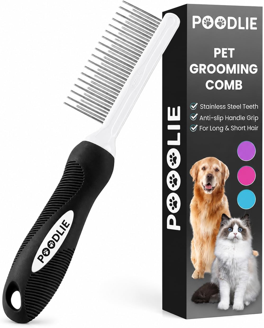 poodle-dematting-fur-rake-comb-brush-for-dogs-and-cats-long-2-5-steel-safety-blades-metal-comb-for-detangling-matted-or-knotted-undercoat-hair