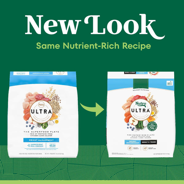 Nutro Ultra Weight Management Dry Dog Food, Chicken, Lamb & Salmon, 30 Lb | Non-Gmo, Tailored Protein & Fat for Weight Loss, 14 Superfoods, Essential Antioxidants, No Corn, Wheat, or Soy, Omega 3 & 63