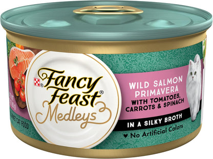 Purina Fancy Feast Wet Cat Food Medleys Wild Salmon Primavera with Tomatoes Carrots and Spinach in Silky Broth - (Pack of 24) 3 Oz. Cans1