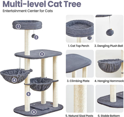 Small Cat Tree Tower with Lots of Scratching Posts - 42 Inch Medium Compact Cats Scratch House with Hammock Perch for Multi Level 2 Kitty - Indoor Corner Cat Bed Condo Climbing Gym Towers Furniture2