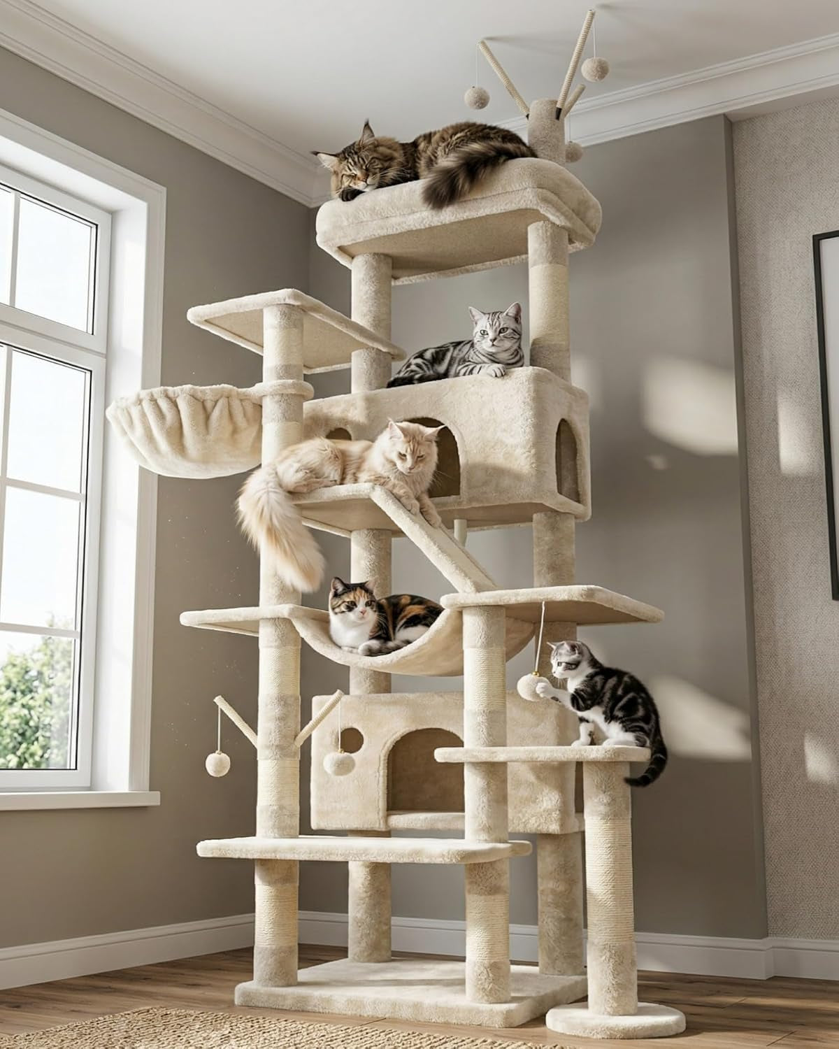 hey-brother-cat-tree-tower-with-sturdy-supporting-posts-2-condos-mpj082w-82-7-inches-multi-level-cat-tower-with-5-teaser-toys-sisal-scratching-posts-large-bed-hammock-for-indoor-cats-light-gray