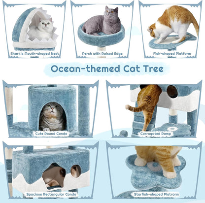 Yaheetech 72.5In Shark Cat Tree, Shark Mouth Bed, 2 Condos, Blue & White | Ocean-Themed Design, Multi-Level Layout, 2 Wide Perches, Interactive Toys, Sturdy Anti-Wobble, Spacious for Multi Indoor Cats7