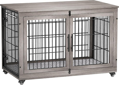 Medium Dog Crate Furniture, 32'' Heavy Duty Kennel W/Cushion & Wheels | Grey, Double Doors, Wooden Dog Cage, Chew-Resistant, End Table, Decorative, 27"/32"/38"/44" Options, Indoor22