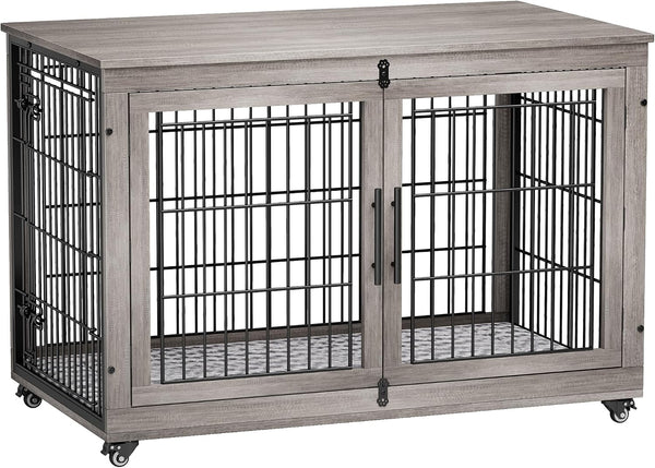 Medium Dog Crate Furniture, 32'' Heavy Duty Kennel W/Cushion & Wheels | Grey, Double Doors, Wooden Dog Cage, Chew-Resistant, End Table, Decorative, 27"/32"/38"/44" Options, Indoor22