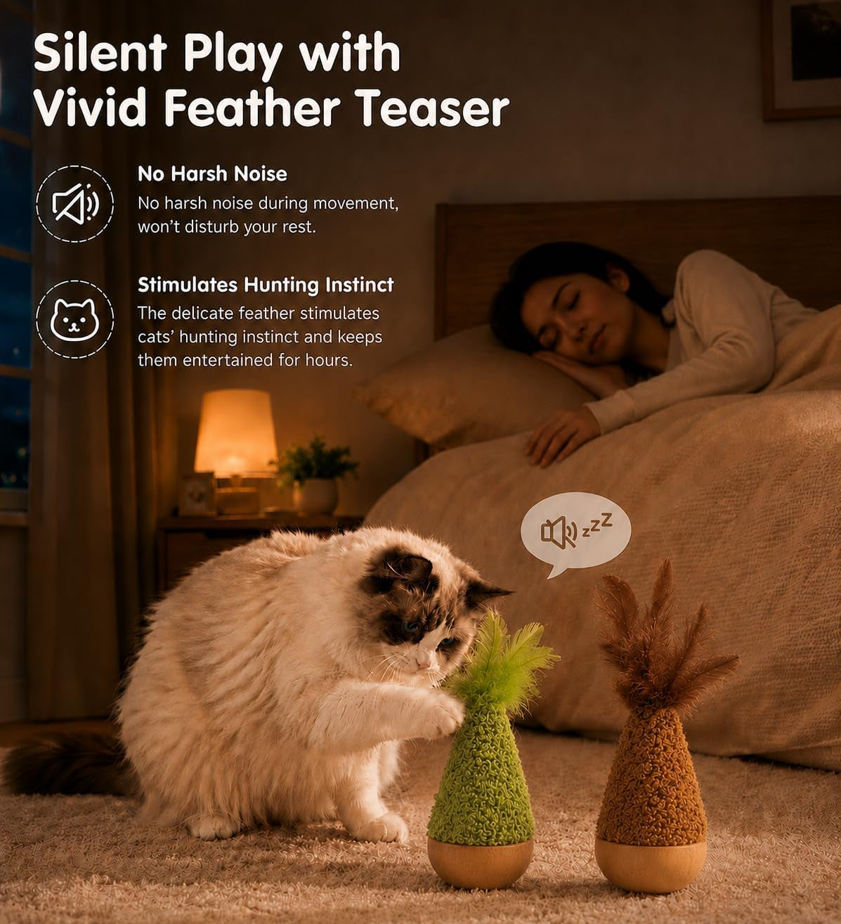2-pack-interactive-self-righting-wobble-cat-toy-with-feather-fluffy-plush-wooden-tumbler-for-bored-adult-indoor-cats-silent-self-play-cat-enrichment-toy-green-brown