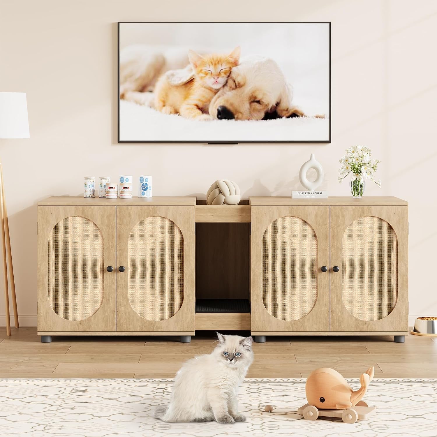 garvee-55-1-double-litter-box-enclosure-boho-cat-box-furniture-for-2-cats-cat-litter-box-furniture-hidden-with-cat-scratch-pad-large-indoor-pet-house-with-double-room-wood-color-double-room-design-fits-most-litter-boxes-built-in-litter-mat-double-roller-latch-storage-cubby-ventilated-cabinets