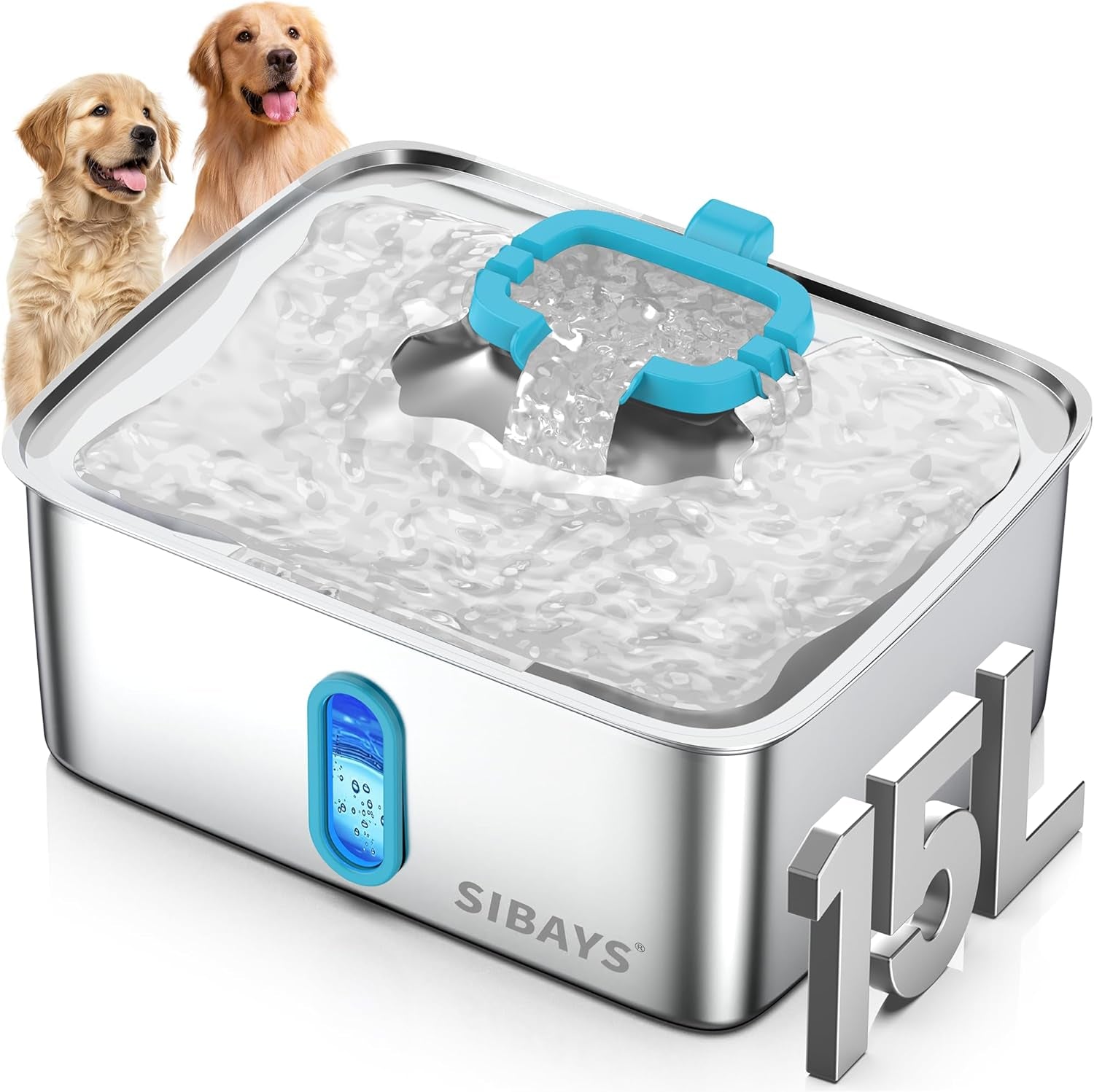 sibays-4gal-15l-dog-water-fountain-for-large-dogs-stainless-steel-large-pet-water-fountain-ultra-quiet-automatic-dog-water-bowl-dispenser-with-water-level-window-and-led-lightfs78-silver-grey