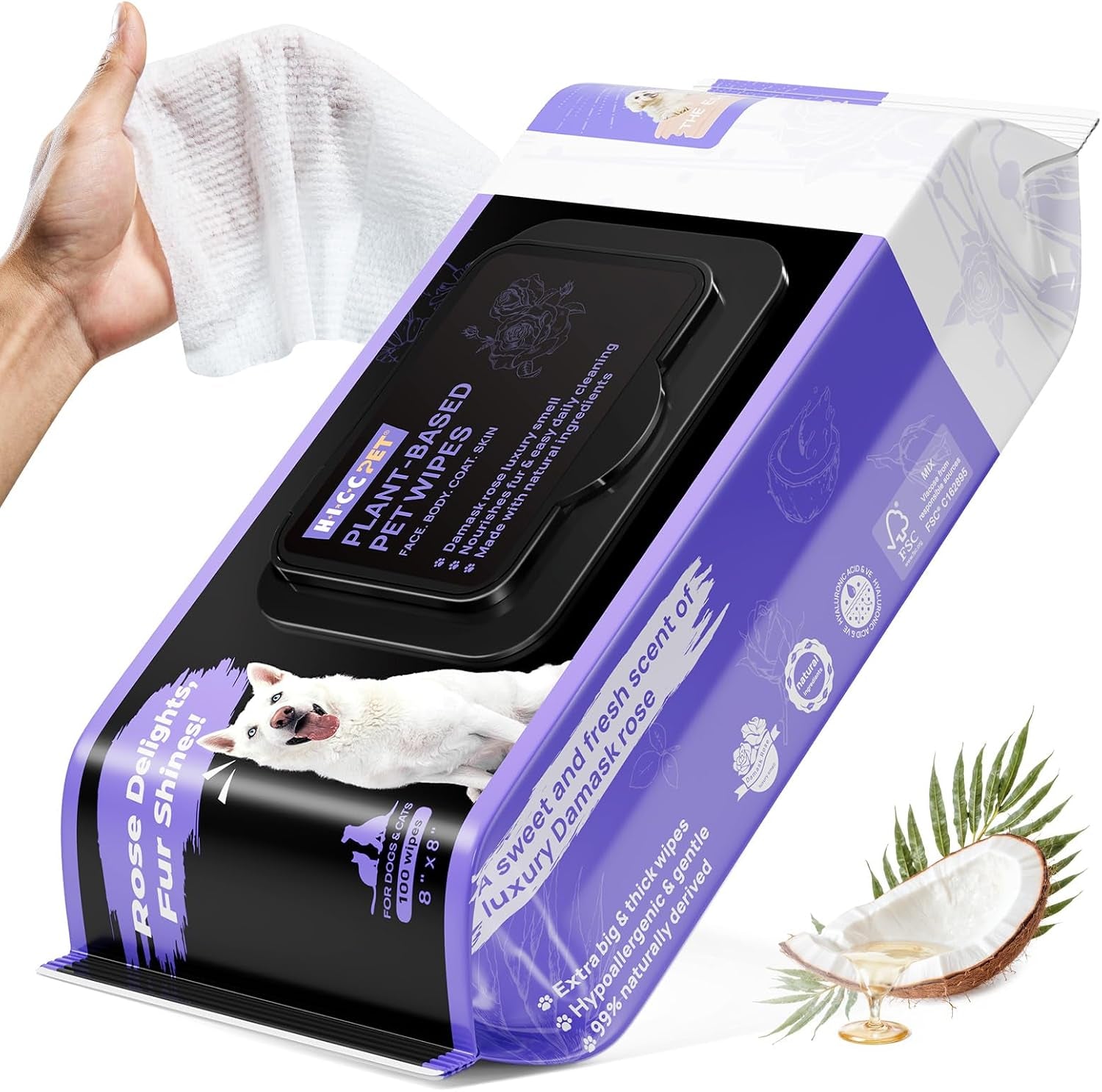 hicc-pet-pet-cleaning-wipes-for-dogs-cats-paws-coat-100-count-pearl-textured-with-fermented-coconut-oil-and-damask-rose-for-face-and-rear-end-cleaning-after-walks-or-between-baths