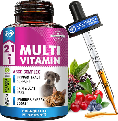 Cat & Dog Multivitamin Liquid with Glucosamine & Cranberry | 21 in 1 Health Supplements for Urinary Tract Kidney, Bladder, Hip & Joint, Skin & Coat | Natural UTI Medicine (60 Ml)1