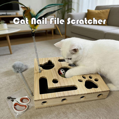 Cat Nail File Scratcher,Large Solid Wood Cat Toy Box with Sandpaper Inside, Interactive Indoor Cat Toy, Cat Claw Saver Box, 3 Bells & 2 Cat Wand& 1Cat Nail Clippers4