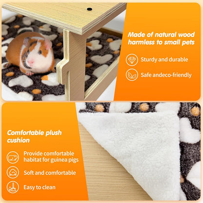 Guinea Pig Hideout，Natural Wood Removable Guinea Pig Bed, Small Animal Habitat with Hanging Hammock/Staircase/Cushion, Suitable for Small Animals to Hide, Rest, Play4