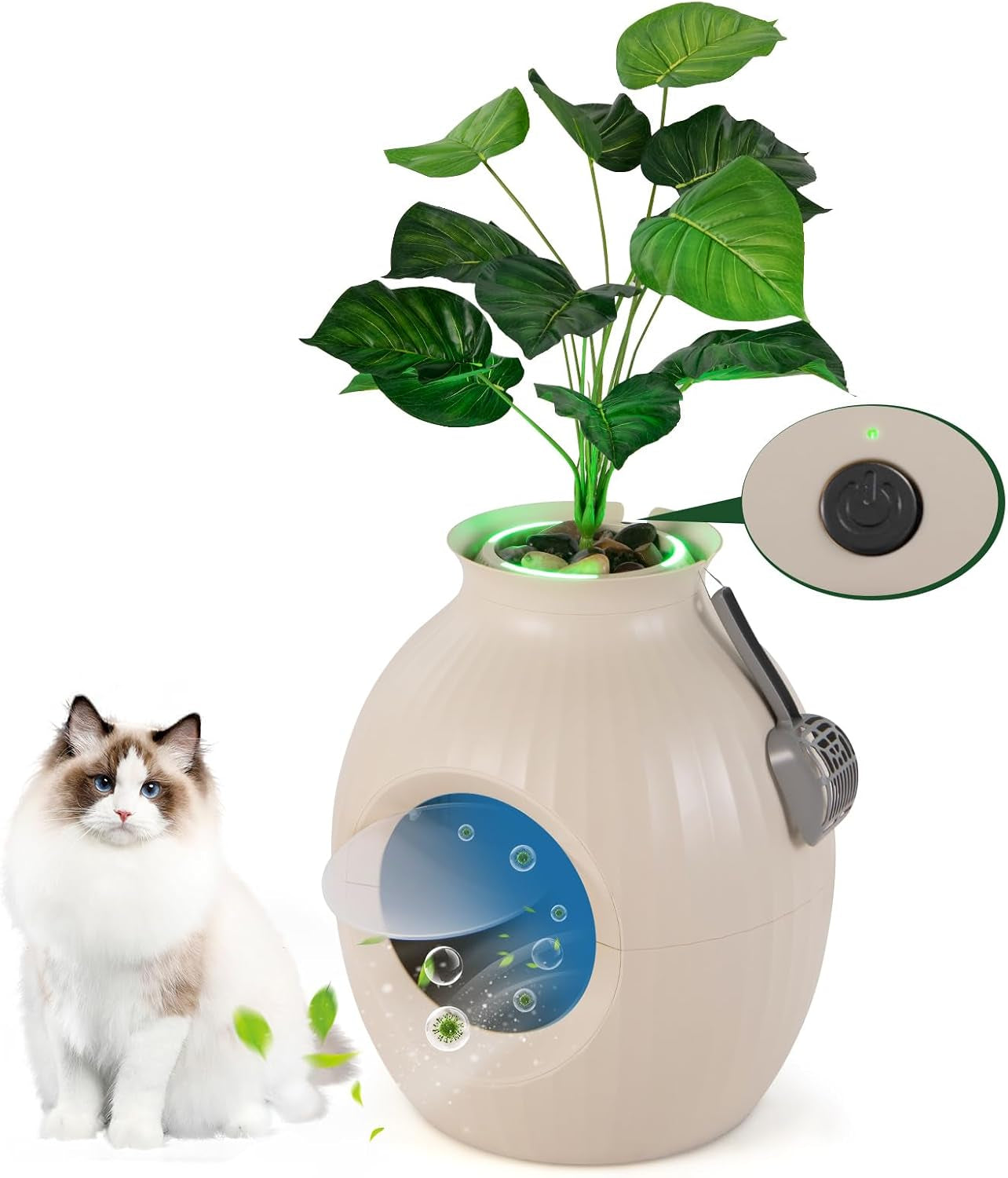 tangkula-hidden-litter-box-plant-cat-litter-box-enclosure-furniture-with-odor-removal-system-4-modes-lights-artificial-plant-pebbles-door-scoop-planter-litter-box-for-large-cats-easy-to-clean