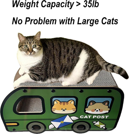 Cat Scratching House, Cat Cardboard House Green Bus, Long Scratching Post, 9X11.8X22 Inches, Fun Cube & Tunnel, Peekaboo Hideaway for Indoor Cats8