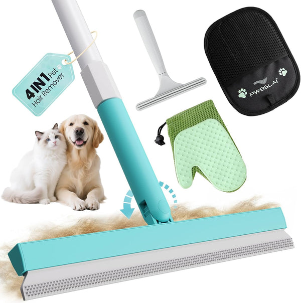 Carpet Rake for Pet Hair Removal Tool - 4 in 1 Pet Hair Remover Kit for Dog Cat Fur Remover, Contain 60" Adjustable Rubber Broom, Glove, Magic Brush and Scraper for Furniture,Short Pile Carpets, Mats10