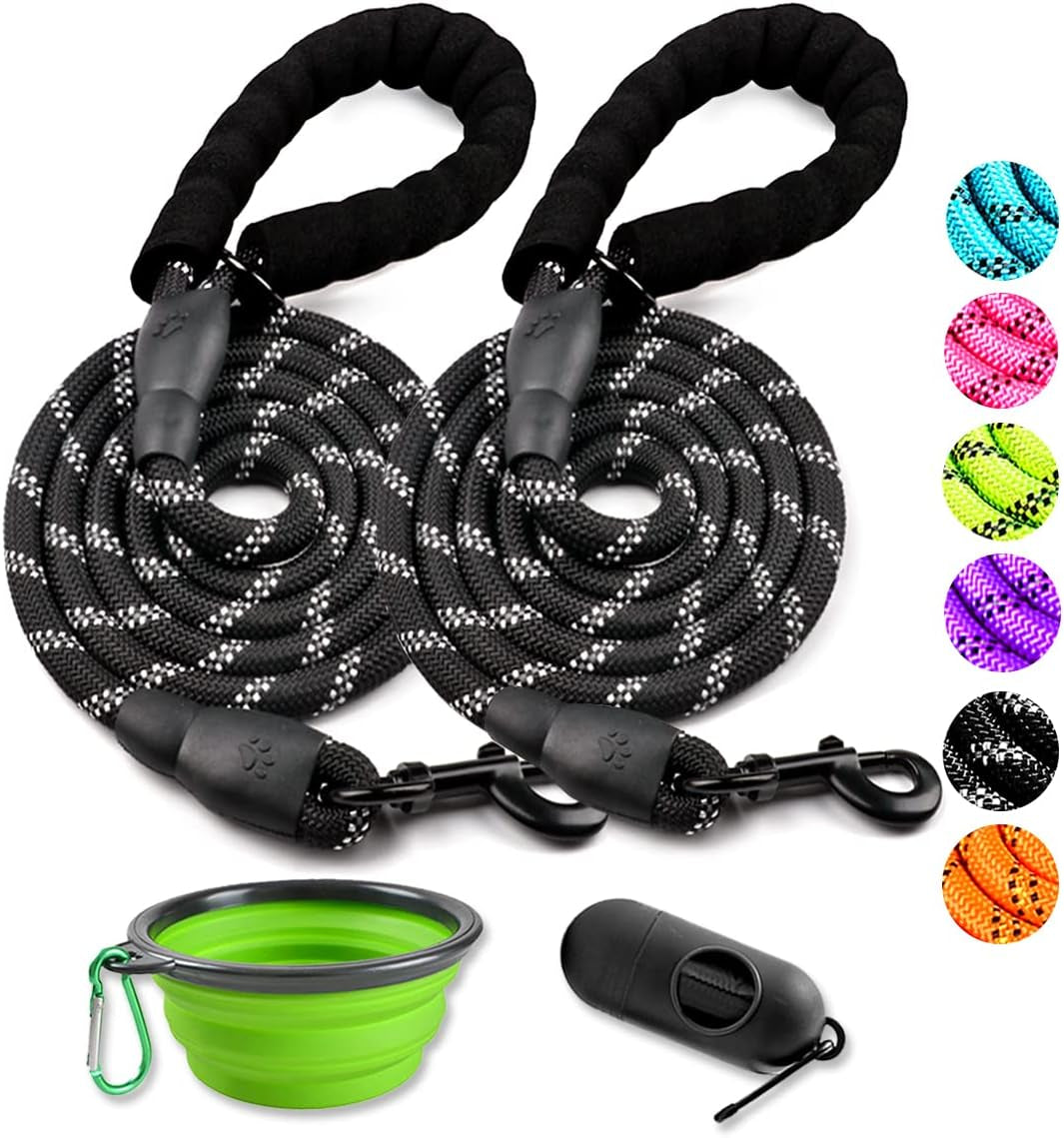 cooyoo-2-pack-dog-leash-5-ft-heavy-duty-comfortable-padded-handle-reflective-dog-leash-for-medium-large-dogs-with-collapsible-pet-bowl