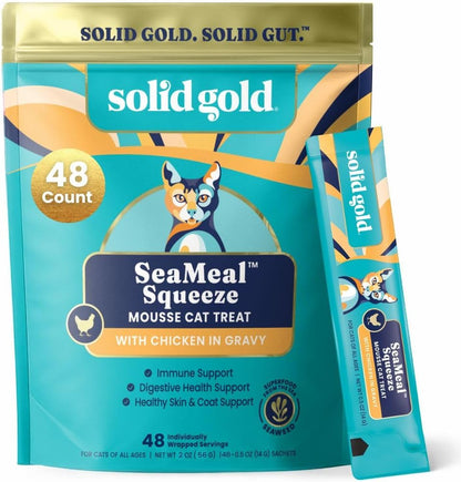 Solid Gold Lickable Cat Treats - Limited Ingredient Chicken Seameal™ Squeezable Healthy Cat Treats for Indoor Cats - Snack & Topper Squeeze Ups for Cats W/Seaweed for Gut & Immune Support - 3Oz/30Ct12