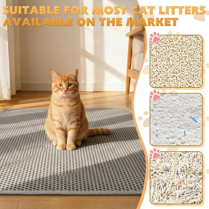 Cat Litter Mat 46"X26", Double Layer Waterproof Litterbox Mat, Gray | Non-Slip Backing, Washable for Easy Cleanup, Traps Stray Litter with Waterproof Honeycomb Large Grid That Is Urine-Proof.4
