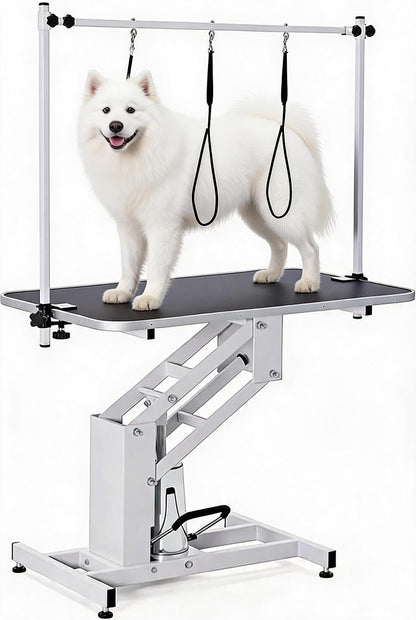 Garveelife 43.3" Hydraulic Dog Grooming Table for Pet, Heavy Duty Structural Hydraulic Max Load 350Lbs Professional Pet Grooming Table with Adjustable Overhead Arm & Noose Height Range 22"-39" (White)1