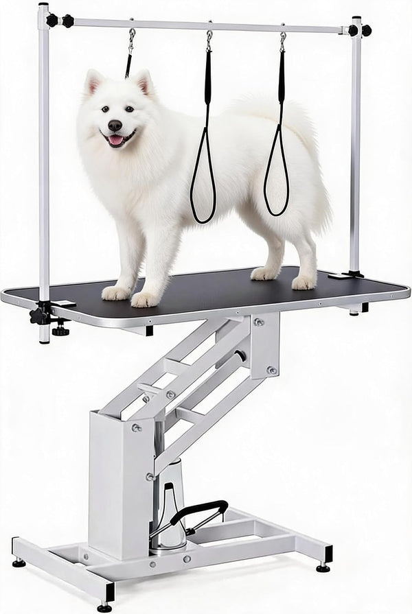 Garveelife 43.3" Hydraulic Dog Grooming Table for Pet, Heavy Duty Structural Hydraulic Max Load 350Lbs Professional Pet Grooming Table with Adjustable Overhead Arm & Noose Height Range 22"-39" (White)1