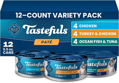 Blue Buffalo Tastefuls Flaked Adult Wet Cat Food Variety Pack (Tuna, Chicken, Fish & Shrimp), Natural Ingredients Enhanced with Vitamins, Minerals & Other Nutrients, 3-Oz. Each (12 Cans)30