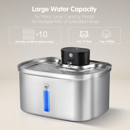 5L/169Oz Automatic Stainless Steel Pet Water Fountain for Cats & Dogs, Cordless Cat Dog Drinking Fountain with 5000Mah Rechargeable Battery, Ultra-Quiet Pump & 3 Smart Modes3