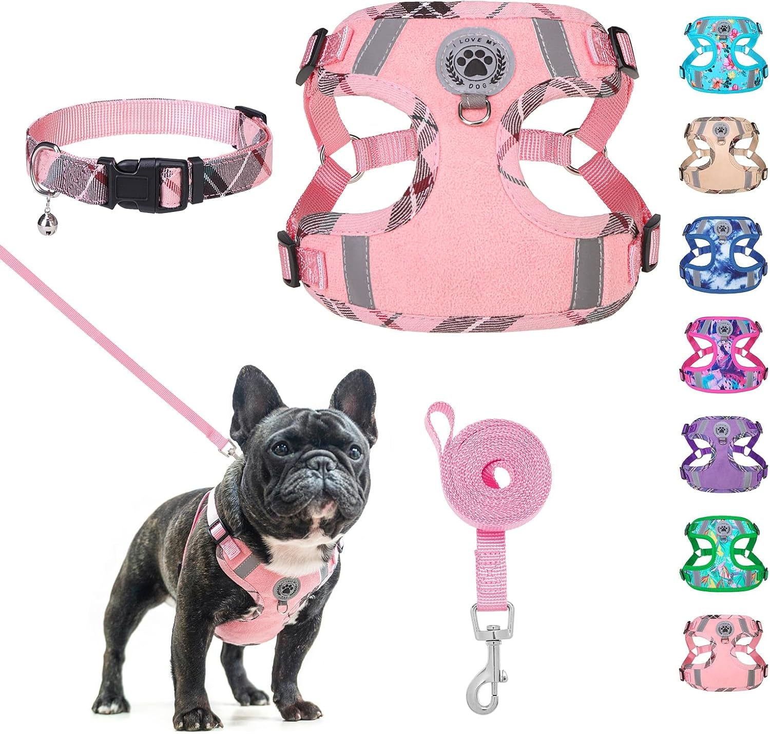 beautyzoo-dog-harness-collar-and-leash-set-no-pull-step-in-dog-harness-for-large-dogs-reflective-no-choke-puppy-vest-harness-adjustable-soft-padded-pet-vest-for-french-bulldog-dark-pink-l