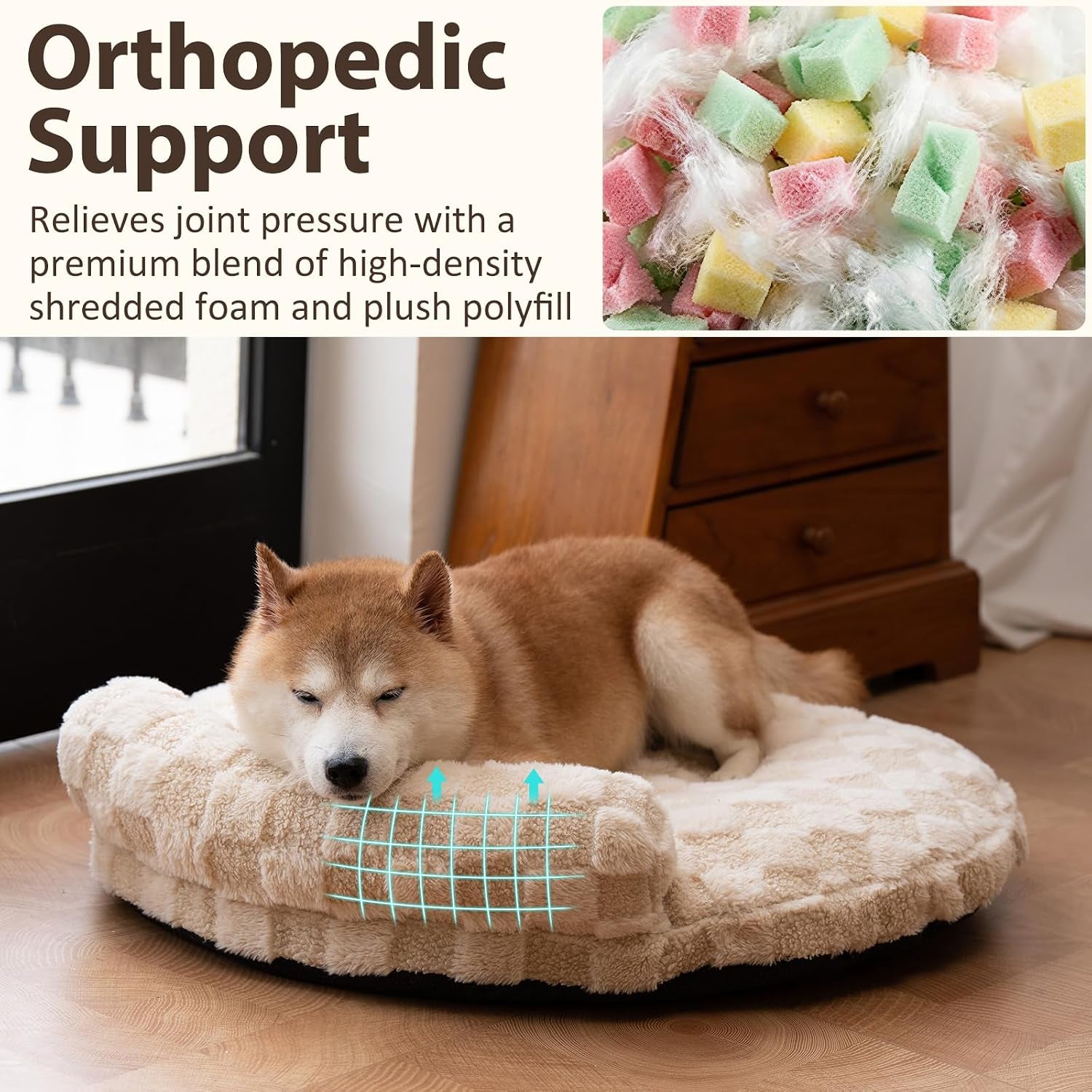 orthopedic-dog-bed-for-small-dogs-and-cats-beige-oval-30x25x7-calming-pillow-pet-couch-sofa-removable-washable-cover-oval-3d-checkered-plush-indoor