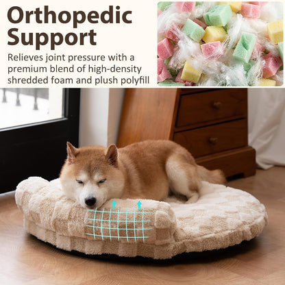 Orthopedic Dog Bed for Small Dogs and Cats Beige Oval 30X25X7 | Calming Pillow Pet Couch Sofa, Removable Washable Cover, Oval 3D Checkered Plush, Indoor3
