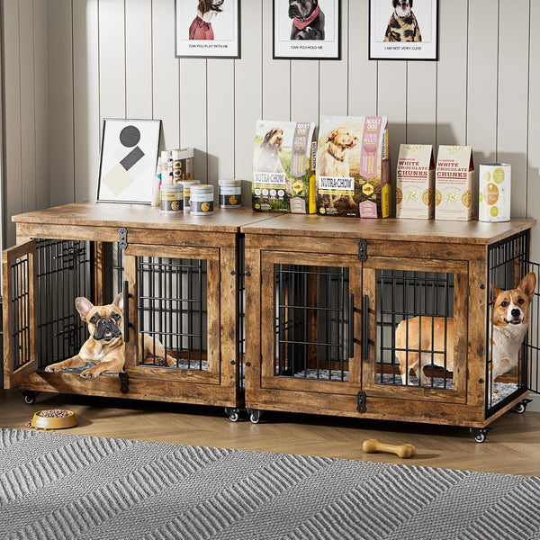 Medium Dog Crate Furniture, 32'' Heavy Duty Kennel W/Cushion & Wheels | Grey, Double Doors, Wooden Dog Cage, Chew-Resistant, End Table, Decorative, 27"/32"/38"/44" Options, Indoor12