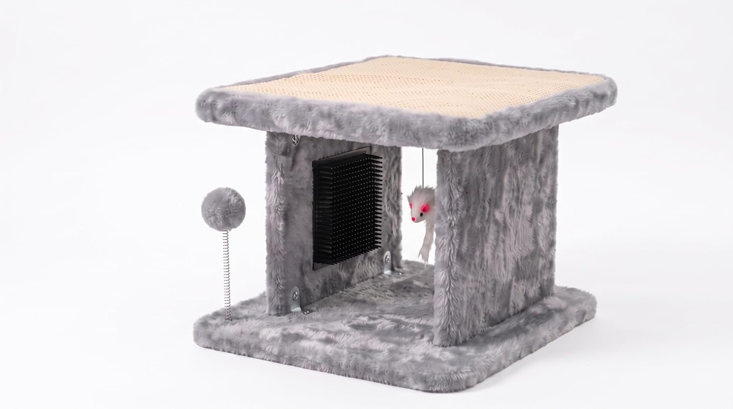 large-cat-bed-with-scratching-post-and-combing-board-sturdy-and-durable-ideal-for-small-breeds-large-plush-cat-tunnel-with-a-removable-sisal-scratch-pad-grooming-brush-hanging-toys-and-spacious-hideaway-for-cats