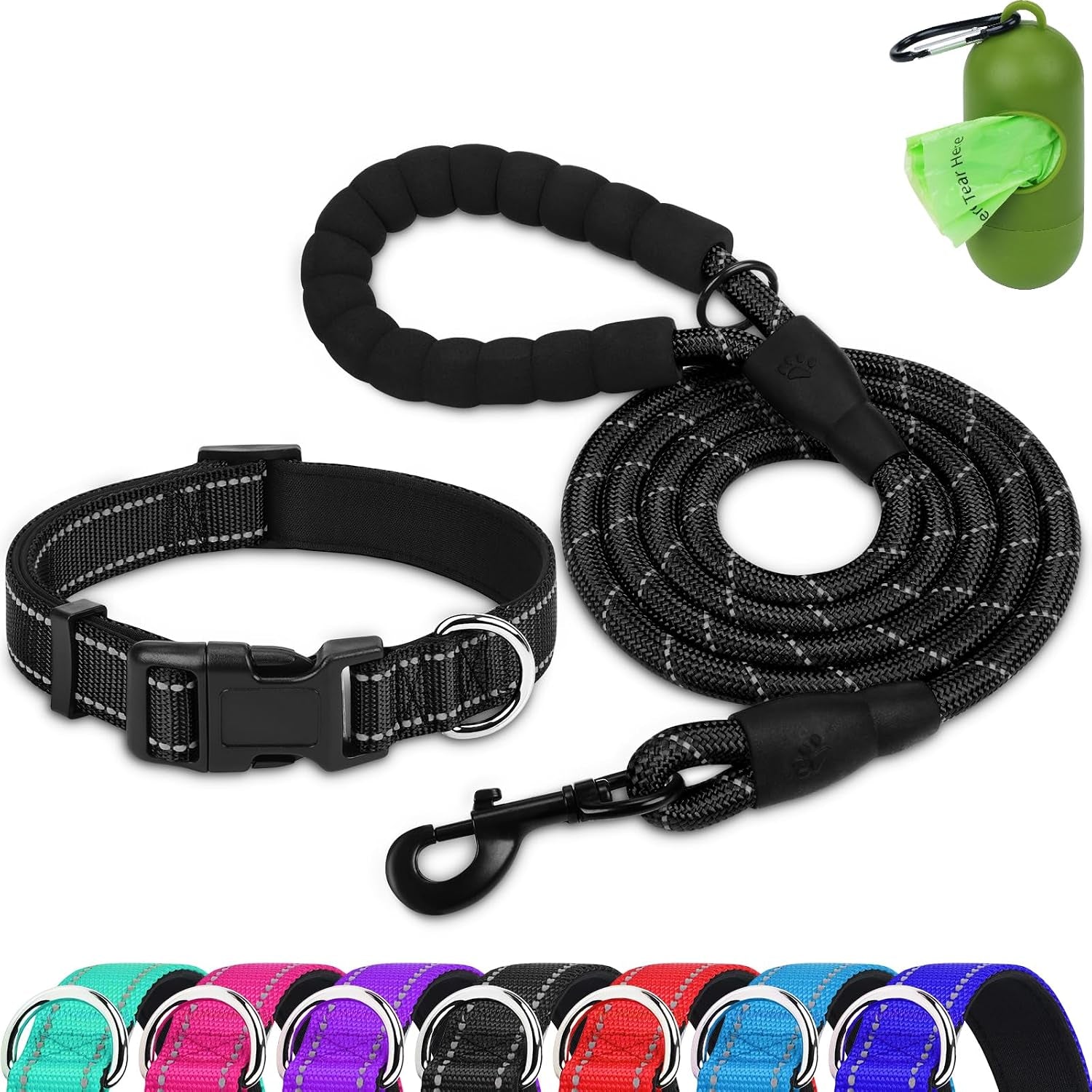dynmeow-reflective-dog-collar-and-leash-set-for-large-dogs-teal-soft-neoprene-padded-6ft-climbing-rope-ideal-for-daily-outdoor-walking-or-indoor-wearing-night-visible-for-safety