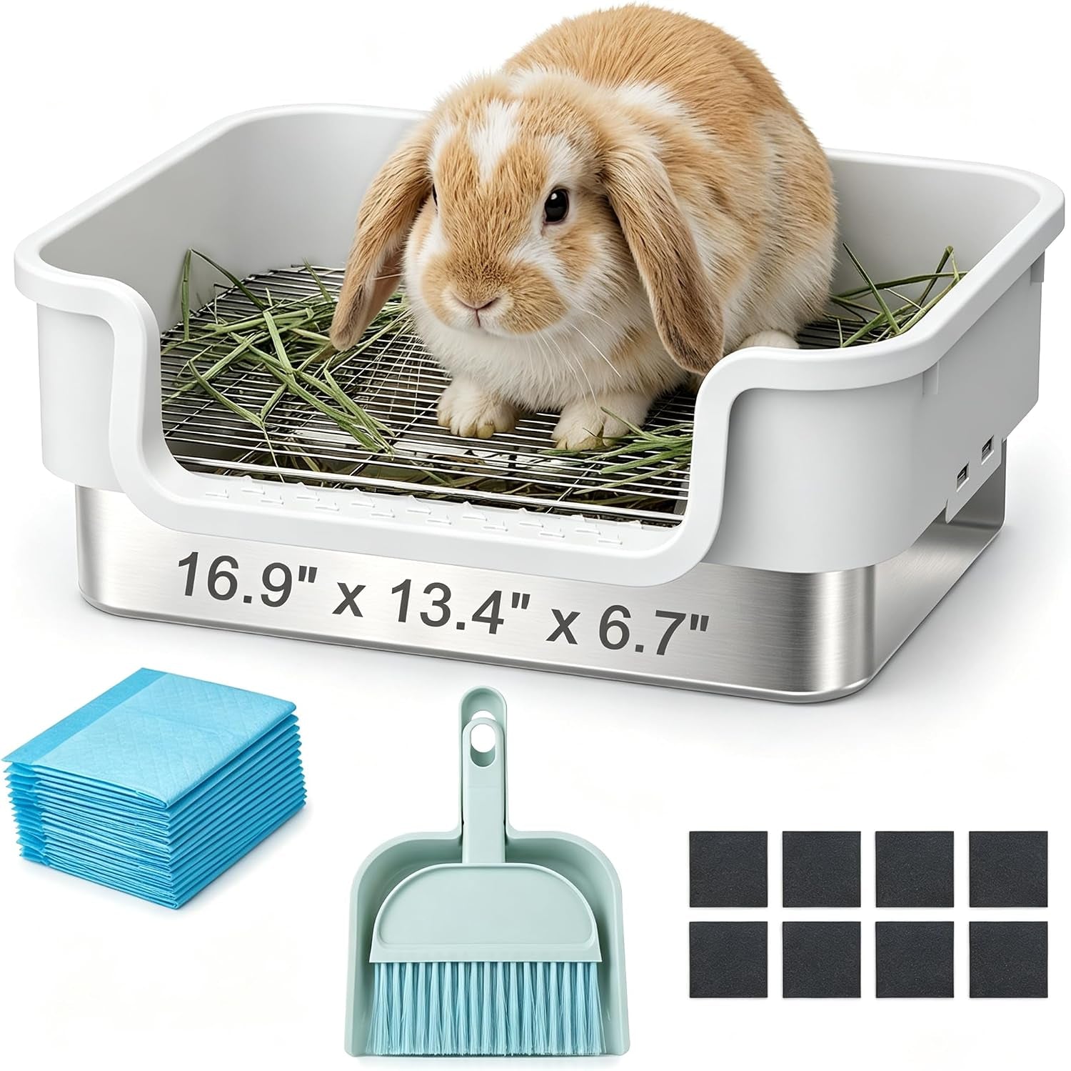 stainless-steel-sifting-litter-box-for-rabbit-bunny-16-9-13-4-inl-w-raised-border-split-double-layer-metal-grate-easy-clean-extra-large-space-for-guinea-pig-ferret