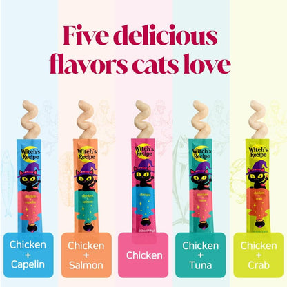 Witch'S Recipe Lickable Cat Treats, Creamy Squeezable Puree, Grain-Free, 100 Tubes, Chicken Tuna Salmon Goatmilk Capelin Flavors 0.5Oz Each Tube3