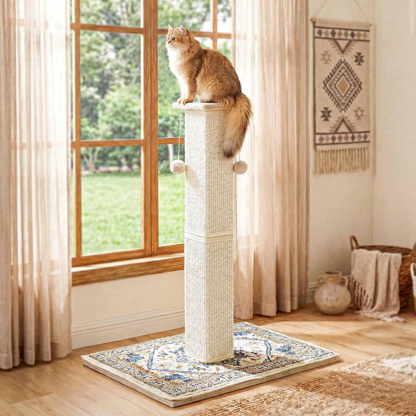 Tall Cat Scratching Post for Indoor Cats Adults, 33'' Large Cat Scratch Post with Perch, Cute Cat Scratching Post with Boho Carpet ＆ Dangling Ball Toys, White3